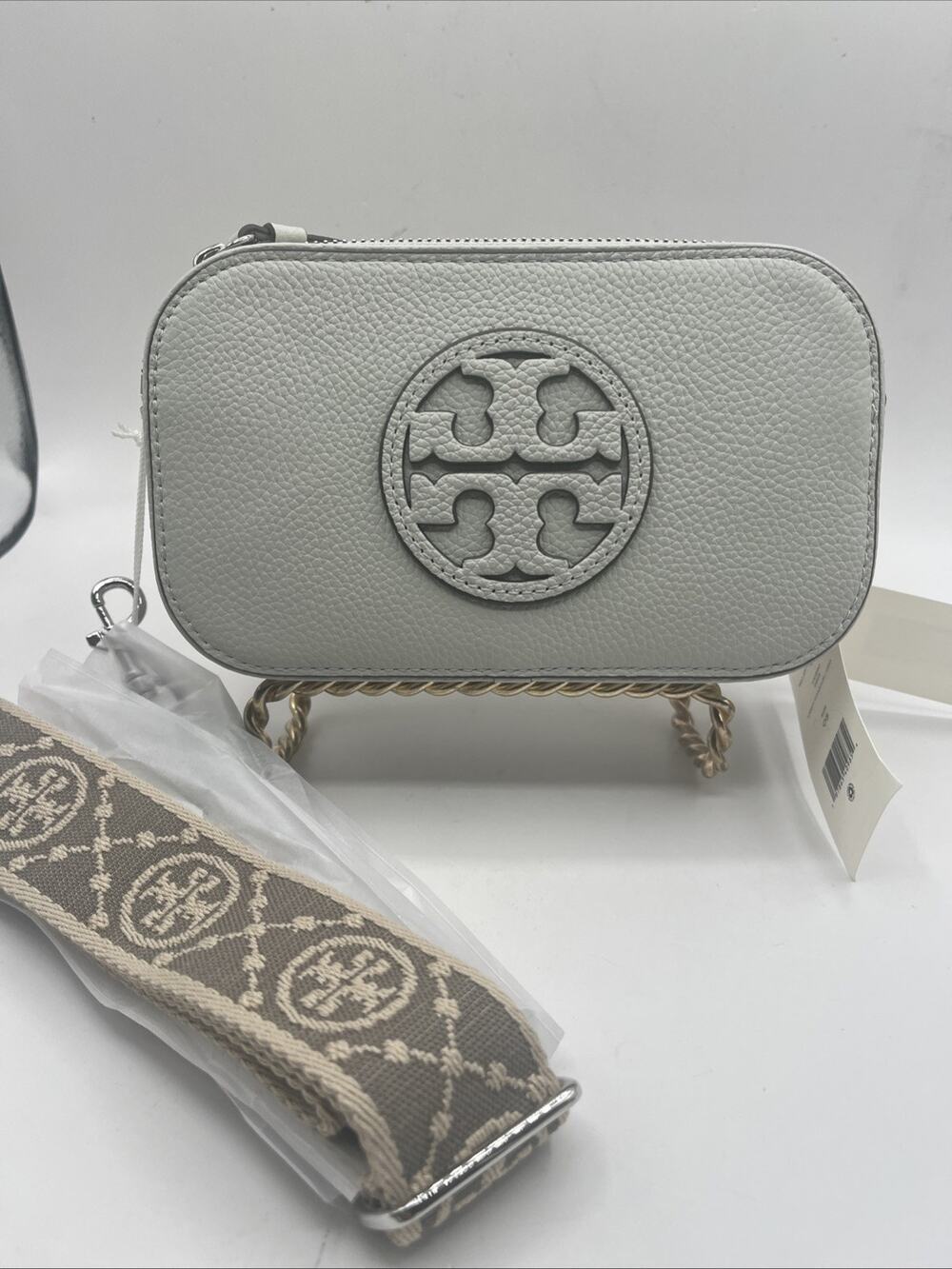 Tory Burch Women's Miller Mini Crossbody Bag Light Titanium Gray NWT Woven Strap